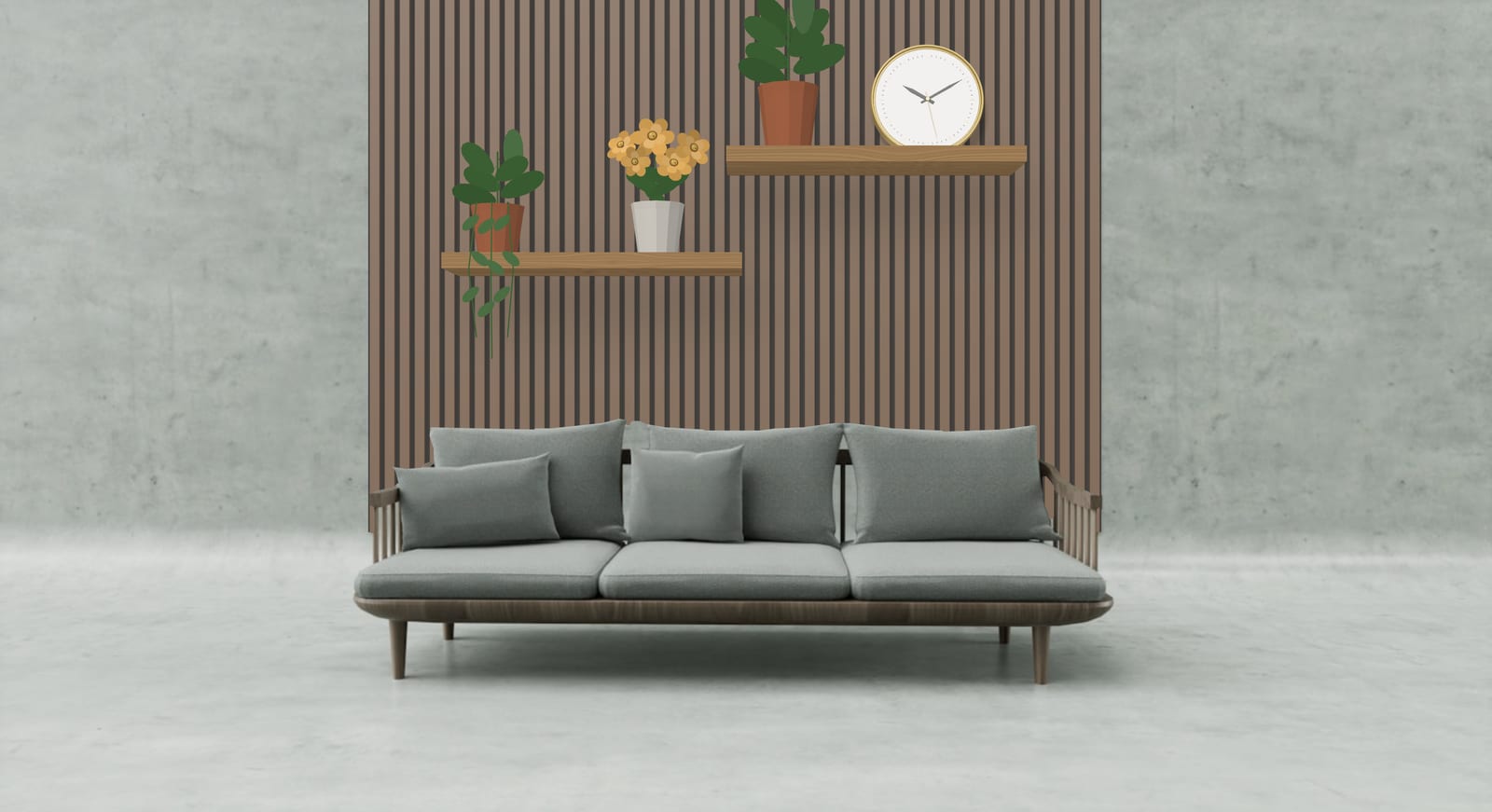Smoked oak slats from floor to ceiling behind a grey sofa, with two floating oak shelves holding plants, flowers and a brass clock